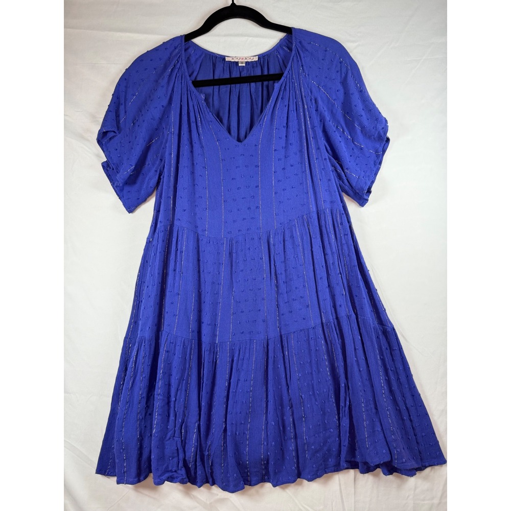 Joy Joy Blue Swiss Dot Metallic‎ Gold Stripe Tiered Babydoll V-Neck Dress Small